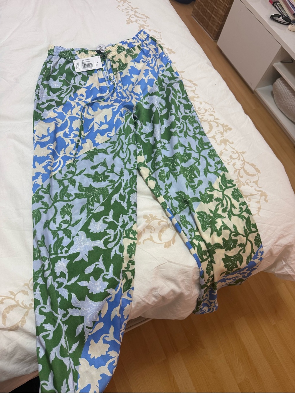 10 Crosby Derek Lam Wide Leg Floral Patchwork Pants in Green, Blue, Cream